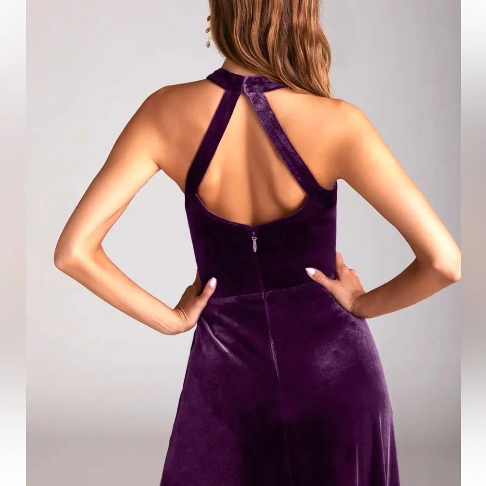 Azazie Larice Grape Aline High Neck Velvet Dress Plus Size 22 New